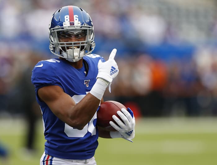 Oct 6, 2019; East Rutherford, NJ, USA; New York Giants wide receiver Darius Slayton (86) during warm up before the game against the Minnesota Vikings at MetLife Stadium.